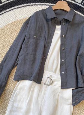 【现货封神穿搭】深灰色亚麻防晒上衣26春夏短款简约棉麻长袖衬衫
