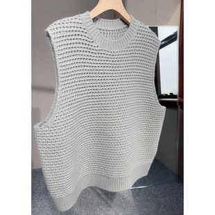 宽松软糯马甲 扩版 CHAO级穿搭 豆绿色粗针镂空圆领毛衣背心女春季