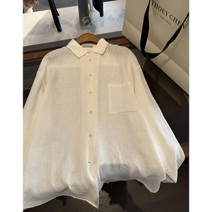 CHAO级穿搭!极简风亚麻单口袋白色翻领衬衫春季单排扣棉麻空调衫
