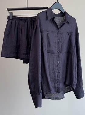 葡萄紫苎麻单排扣翻领微透衬衫女