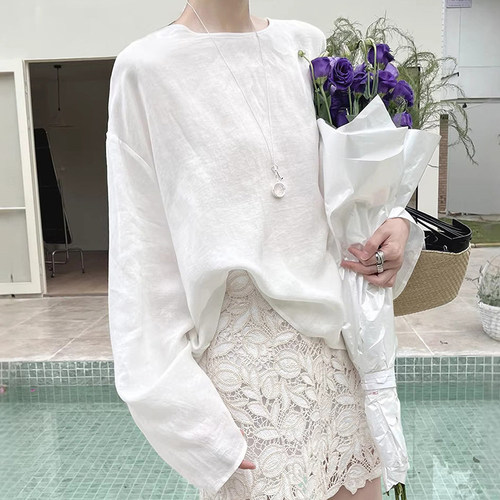 极简月牙白圆领前后两穿麻料衬衫