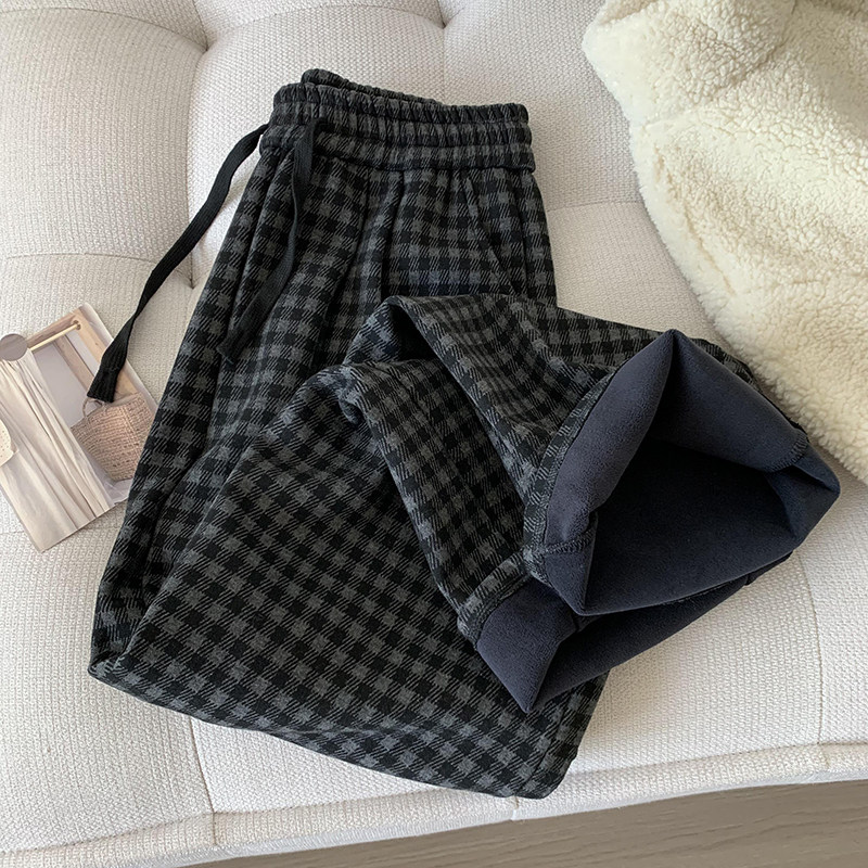 现货】灰色格子高腰加绒绑带阔腿直筒裤女冬季厚款保暖慵懒风长裤,女装/女士精品,卫裤,淘宝优惠券,粉丝福利购,淘宝优惠卷
