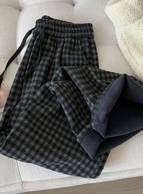 现货】灰色格子高腰加绒绑带阔腿直筒裤女冬季厚款保暖慵懒风长裤