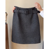 格雷系灰色高腰毛呢气质半身裙女冬季 新款 百搭含腰带通勤A字裙子