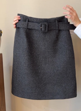 格雷系灰色高腰毛呢气质半身裙女冬季新款百搭含腰带通勤A字裙子