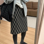 复古格子高腰毛呢防走光A字半身裙女2026年早春新款 通勤中长款 裙