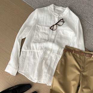 棉麻防晒衫 CHAO级穿搭 新款 春季 白色圆领麻料收腰单排扣微透衬衫