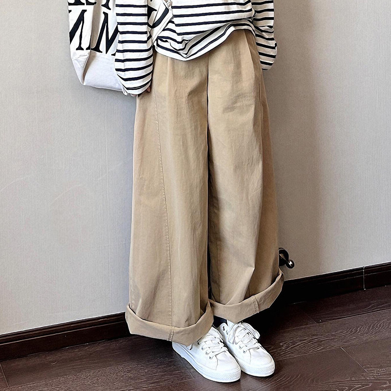 复古卡其色高腰直筒阔腿裤女春季