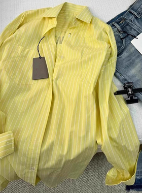 现货】黄色条纹翻领天丝衬衫女2026年早春通勤高质量衬衣防晒上衣