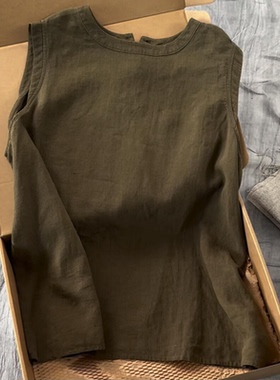 【现货】绿色圆领三粒扣套头亚麻马甲女夏季透气棉麻苎麻背心上衣