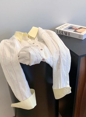 现货】白色条纹撞色翻领设计感单排扣衬衫外套女秋季百搭洋气衬衣