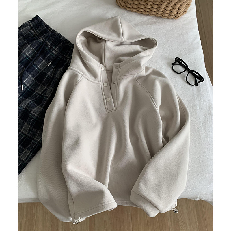 韩系奶杏色奥利绒连帽半开襟宽松卫衣女冬季百搭单穿慵懒风小外套