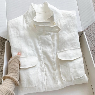 立领四口袋亚麻透气拉链工装外套