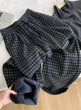 灰色格子高腰加绒软糯垂感直筒阔腿裤女冬季新款通勤百搭休闲长裤