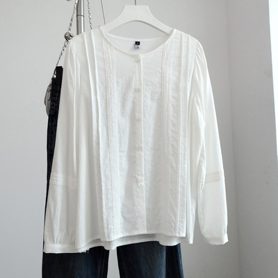 圆领长袖衬衫花边刺绣捏褶棉麻小衫白色系扣日系上衣内搭文艺淑女