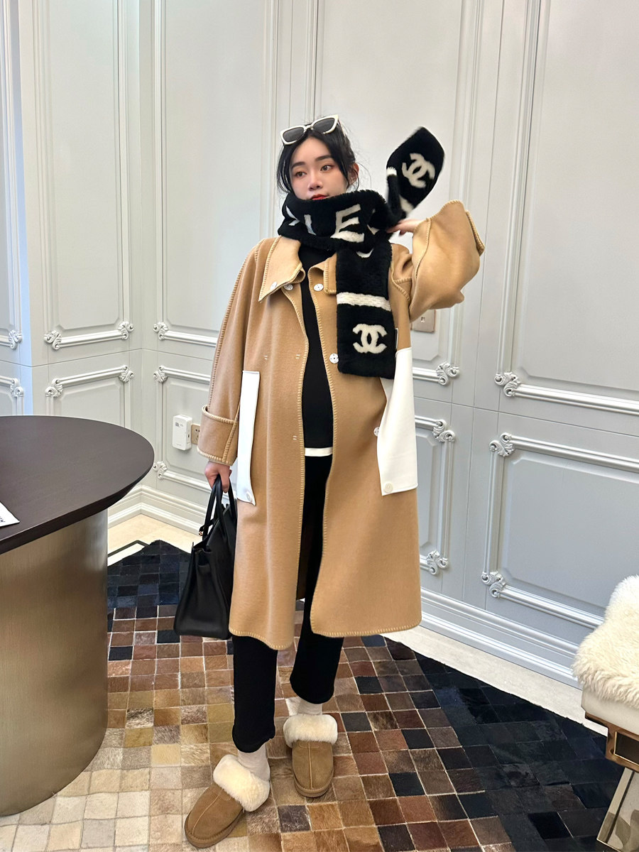 LeoMami高端孕妇装春冬撞色口袋双面呢大衣宽松设计感羊毛呢外套