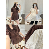 LeoMami孕妇装 衬衣气质宽松显瘦衬衫 夏季 亚麻莱赛尔褶皱系带短袖