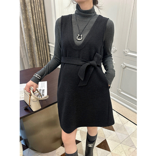 LeoMami高级感孕妇装秋冬季羊毛背心裙叠穿气质系带内搭A字连衣裙