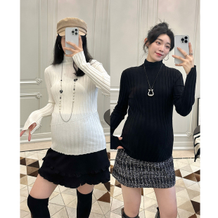 LeoMami孕妇装 坑条纹羊毛高领针织衫 修身 显瘦内搭打底毛衣 春秋款