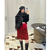 LeoMami孕妇装 新年限定复古格子半身裙包臀毛呢开叉A字半裙 春秋款