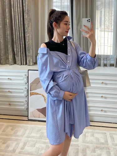 高端孕妇装春露肩条纹衬衫连衣裙