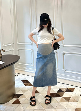 孕妇装夏款莱卡棉牛仔半身裙开叉