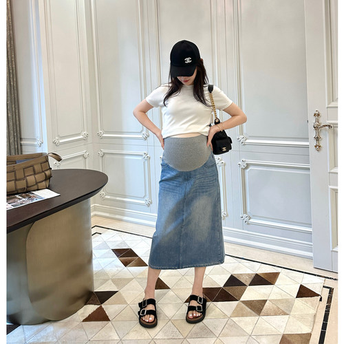 孕妇装夏款莱卡棉牛仔半身裙开叉