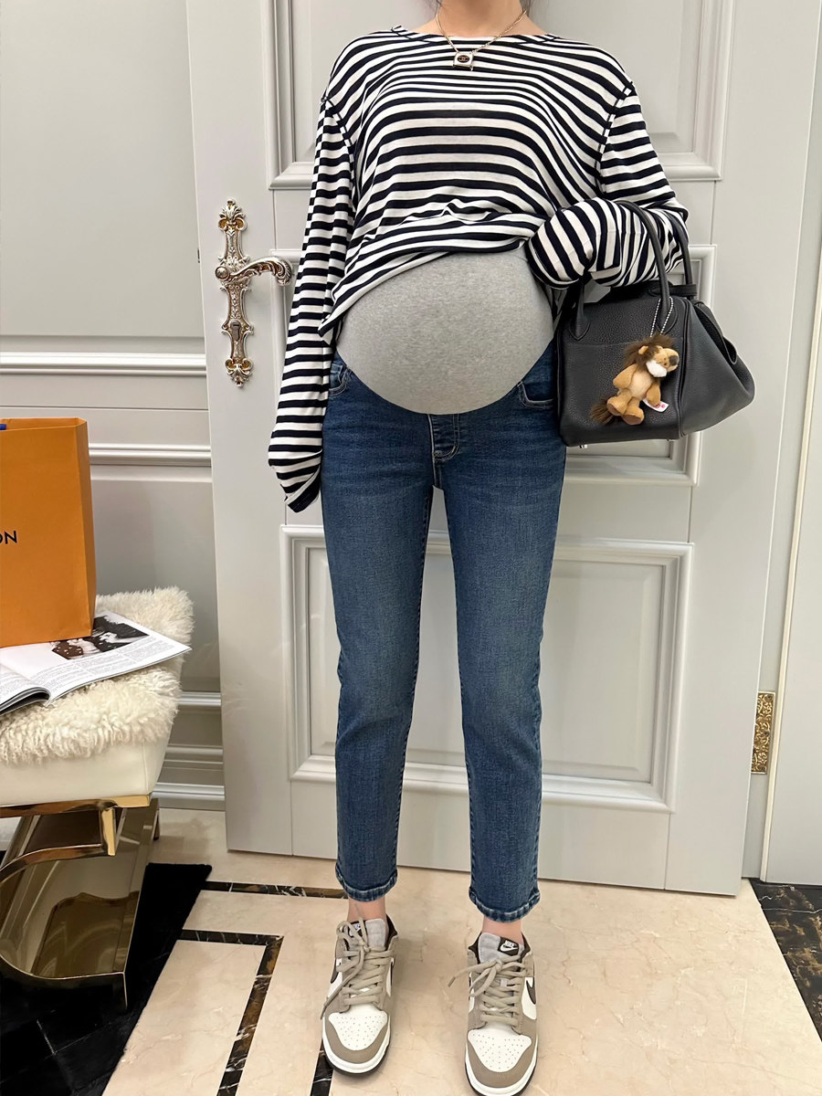 LeoMami孕妇裤春秋外穿九分牛仔裤复古弹力直筒裤休闲修身烟管裤