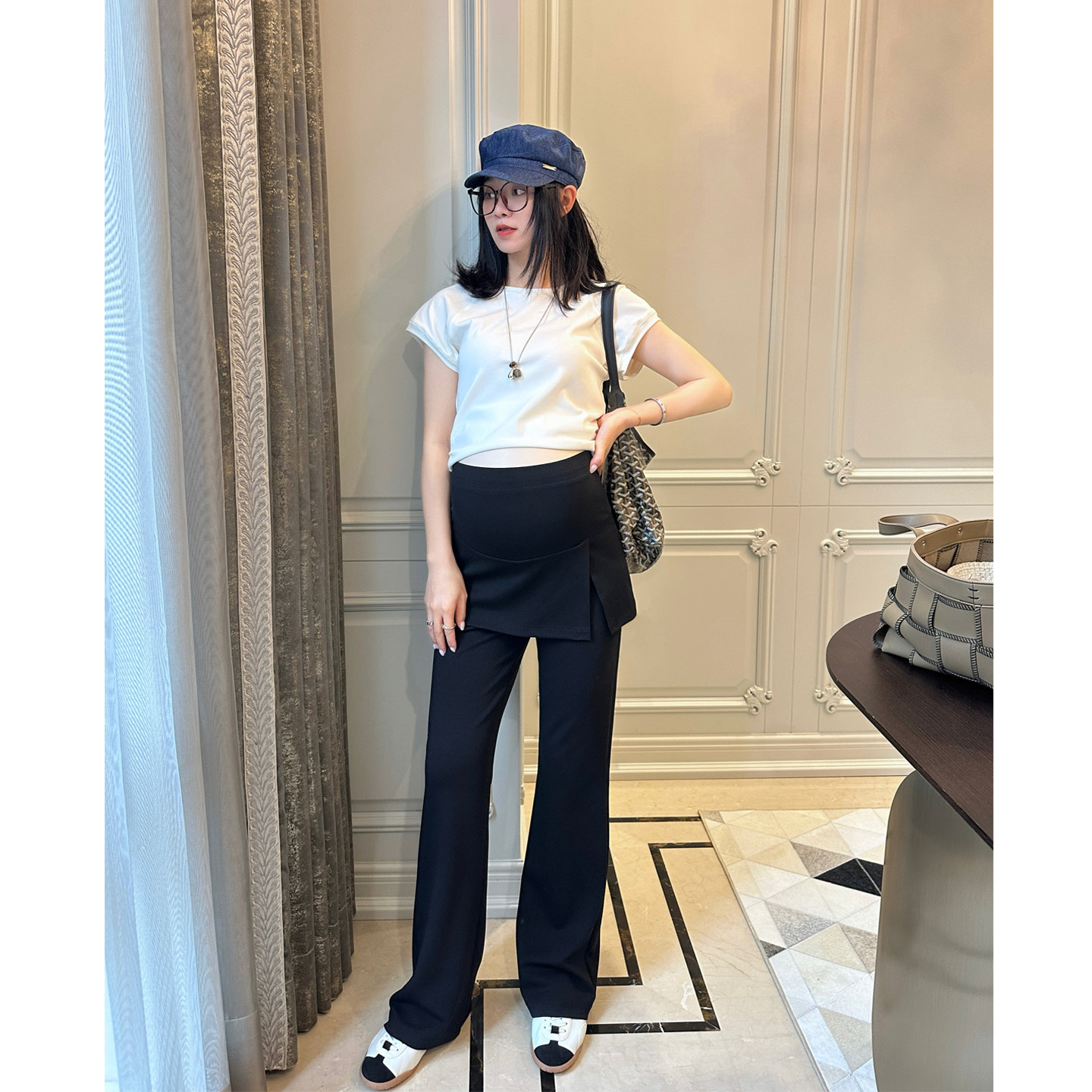 LeoMami孕妇裤春夏款假两件屁帘托腹微喇叭裤垂感修身显瘦休闲裤