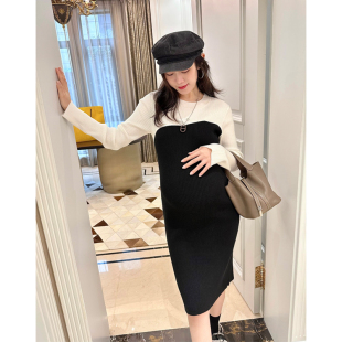 显瘦包臀毛衣裙 黑白拼接针织连衣裙内搭修身 LeoMami孕妇装 秋冬款