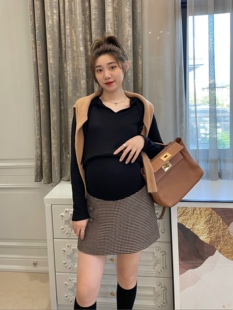 千鸟格半身裙托腹短裙气质显瘦复古包臀裙 高级孕妇装 LeoMami