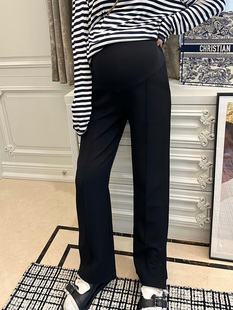 通勤宽松黑色托腹阔腿裤 时尚 春秋外穿开叉直筒裤 LeoMami孕妇裤