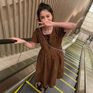 LeoMami 气质法式 孕妇装 纯棉修身 格子收腰甜美气质连衣裙 夏季