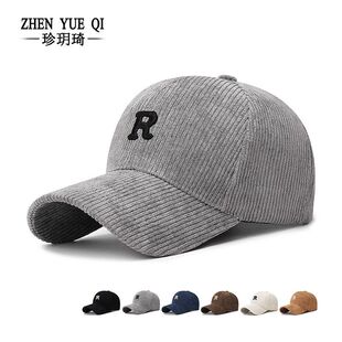 秋冬季新款简约立体字母R纯色条绒棒球帽硬顶不塌可调节时尚帽子