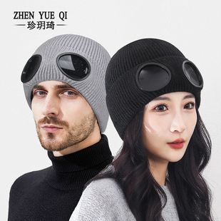冬季户外时尚保暖加绒针织帽男女飞行员防风眼镜滑雪套头毛线帽子