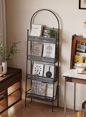 中古风客厅书架落地置物架铁艺靠墙报刊杂志架多层书本收纳展示架