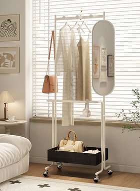 可移动穿衣镜衣帽架一体可旋转高级感全身镜卧室落地镜子带置物架
