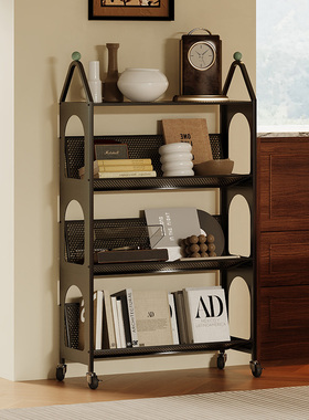 客厅中古风大容量收纳架室内高级感可移动置物架家用多层铁艺书架