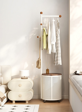 家用铁艺衣架可移动脏衣篓置物架奶油风落地卧室衣帽架创意挂衣架