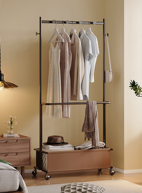 中古风卧室落地衣帽架多功能高级感铁艺挂衣架家用带轮移动置物架