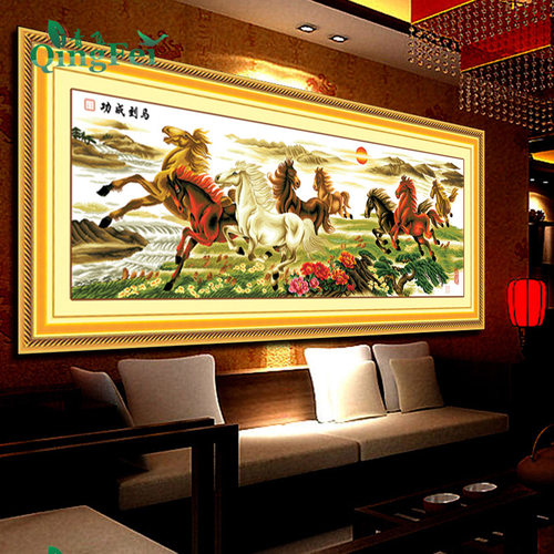 青飞八骏奔腾马到成功丝线十字绣