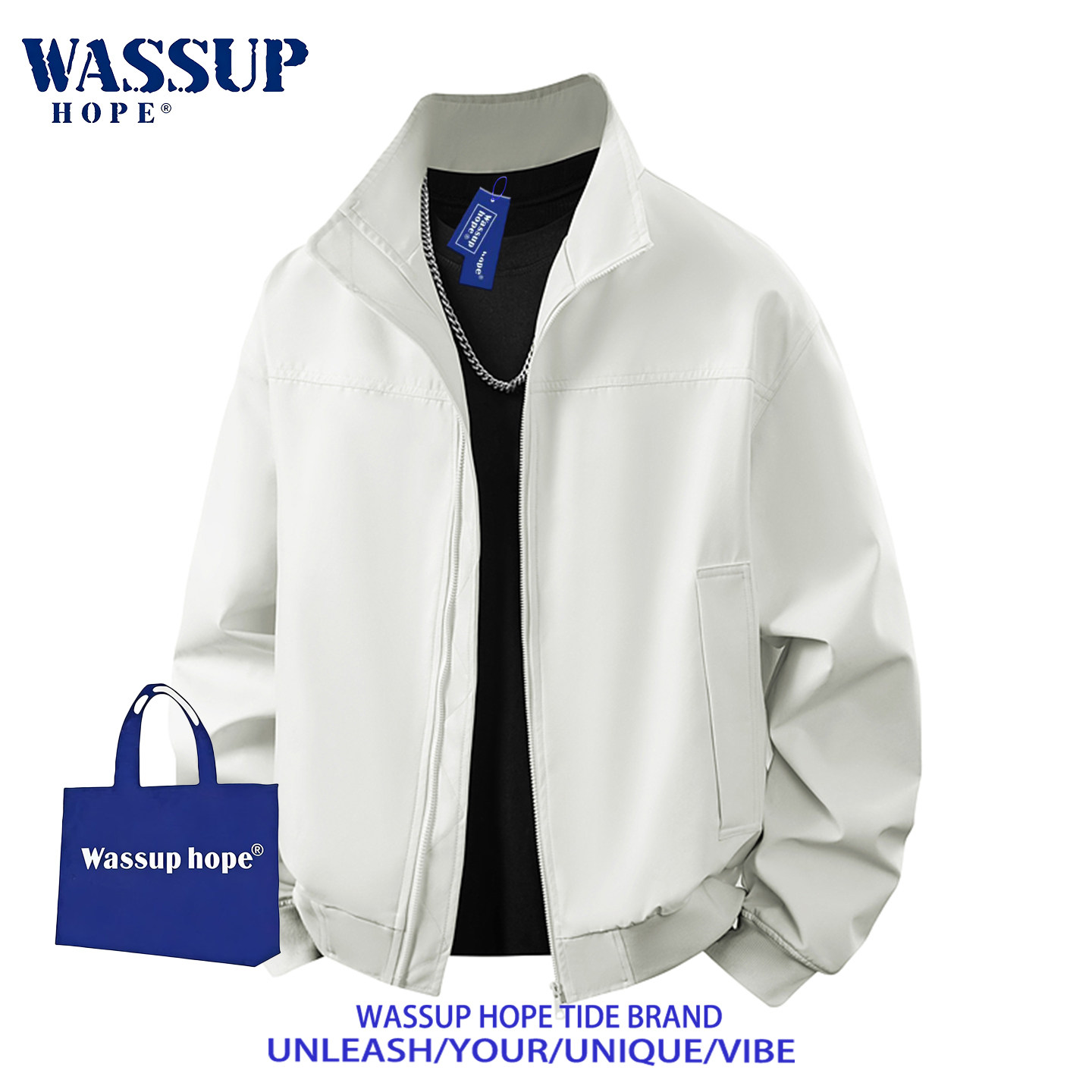 WASSUP HOPE翻领米白夹克男春秋季新款休闲上衣时尚百搭宽松外套