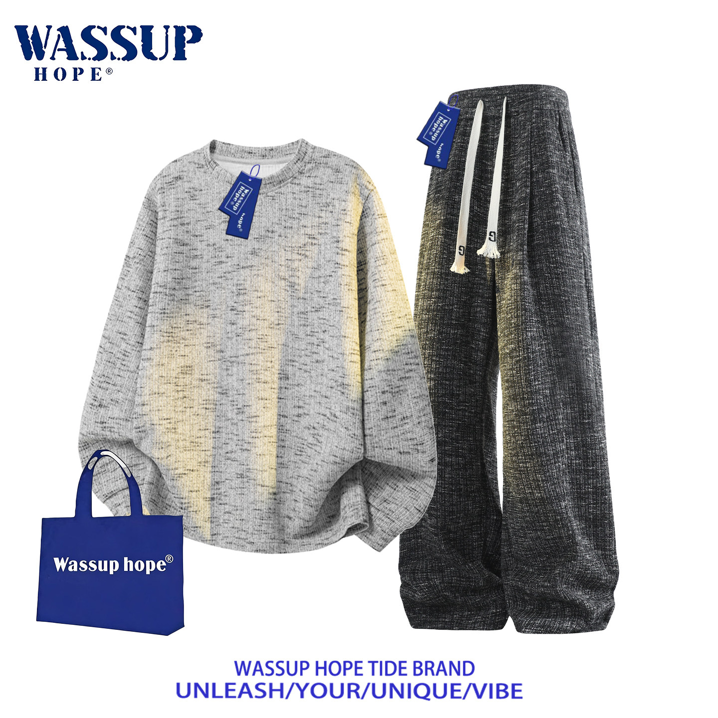 WASSUP HOPE休闲卫衣套装男春秋季肌理条纹圆领上衣休闲弯刀长裤