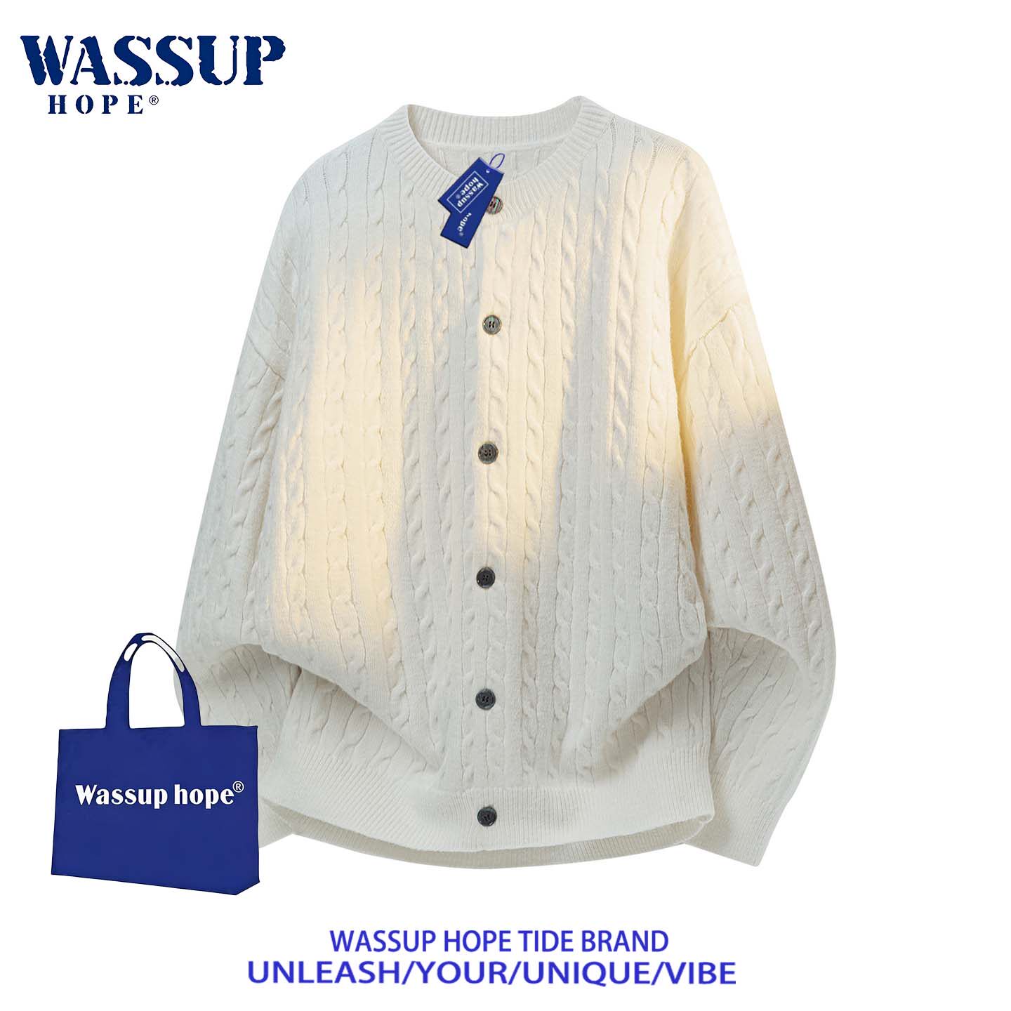 WASSUP HOPE慵懒风麻花纹圆领针织开衫毛衣男冬季休闲保暖上衣服