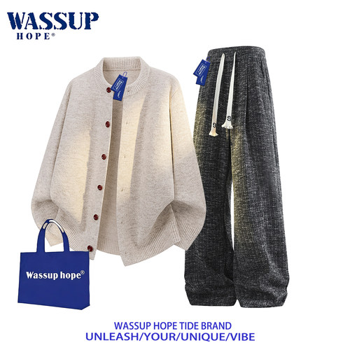 WASSUP HOPE针织开衫毛衣男两件套春秋季圆领慵懒风外套休闲长裤