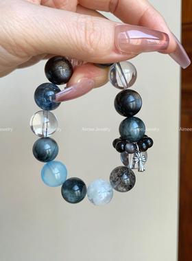 天然海蓝宝水晶手串舒缓情绪压力银曜石白水晶手链水系男女款礼物