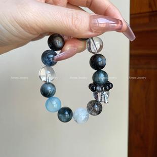 天然海蓝宝水晶手串舒缓情绪压力银曜石白水晶手链水系男女款礼物