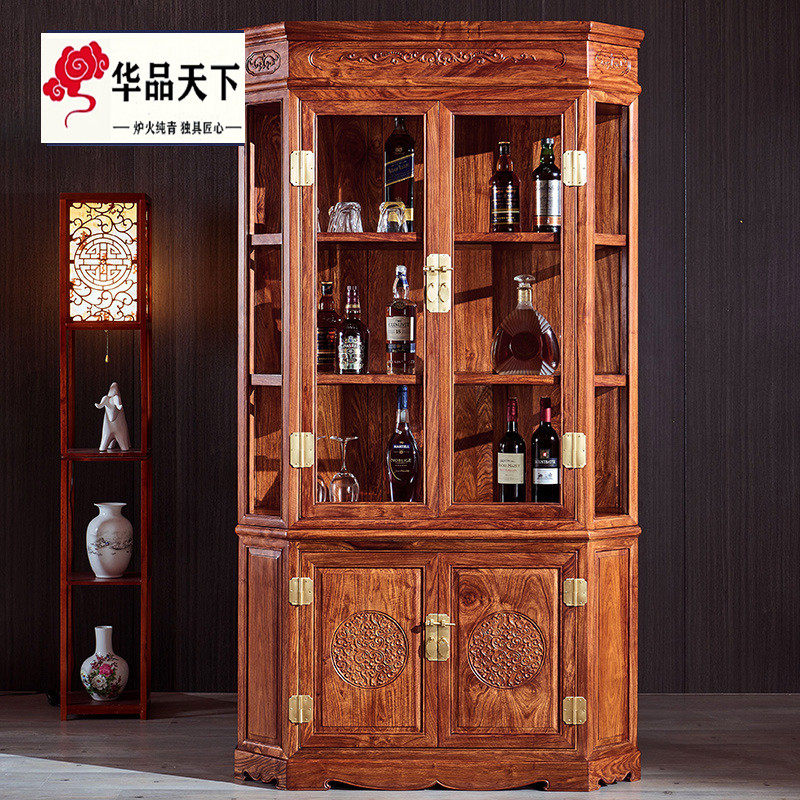 红木红酒柜新中式刺猬紫檀客厅酒架玻璃展示柜双门实木花梨木餐厅