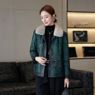 绵羊皮皮衣外套 国风印花妈妈短款 海宁高端真皮羽绒服女新款 冬中式