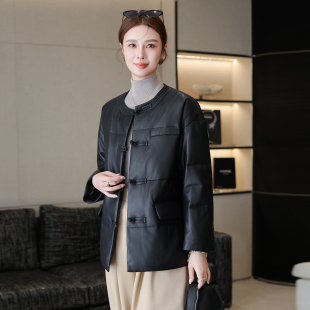 高端海宁真皮皮衣女新款冬中式国风宽松圆领绵羊皮羽绒服皮衣外套